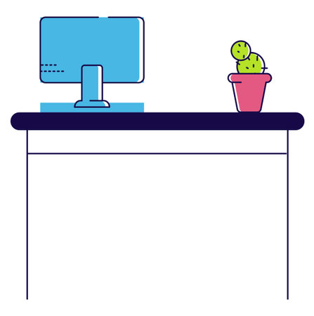 Workspace desk with computer monitor and potted cactus. Office setup, modern work desktop design vector illustration.のイラスト素材