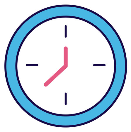 Minimalistic blue and pink clock showing ten past ten. Simple wall clock design with no numbers. Time management concept vector illustration.のイラスト素材