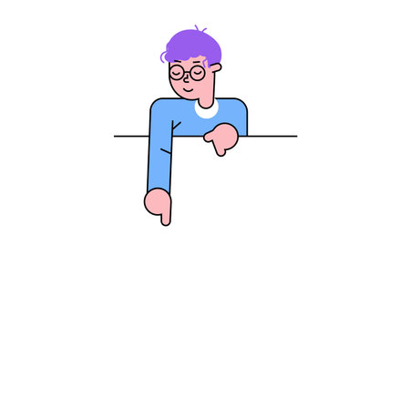 Cartoon man with purple hair leaning over edge. Casual style, contemplative pose, minimalistic design. Emotion and simplicity concept vector illustration.のイラスト素材
