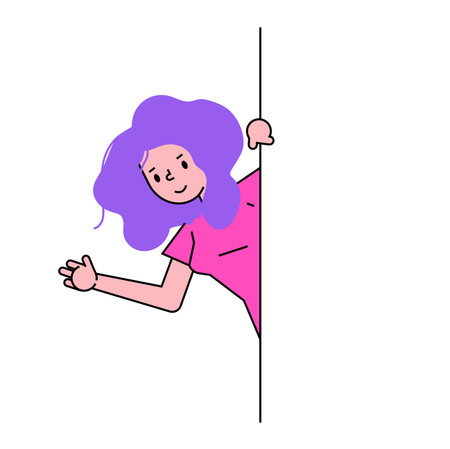 Young woman with purple hair peeks around the corner, smiling and waving. Cheerful playful female character greeting. Fun peekaboo game vector illustration.のイラスト素材