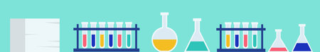 Laboratory equipment flat design illustration. Science experiment with test tubes, beakers, and flasks. Chemical, research graphic colorful, liquidsのイラスト素材