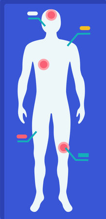 Human body diagram labeled pain points blue background. Simplified anatomy illustration marked areas. Medical, infographic zones highlighted red, backdropのイラスト素材