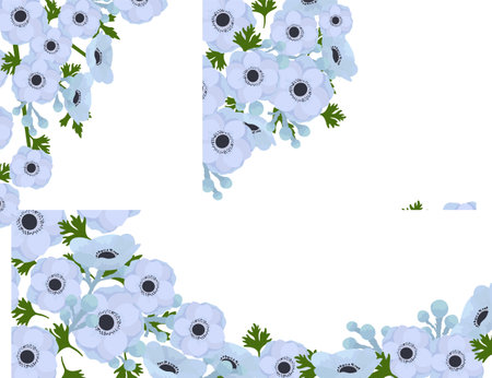Floral corner design light blue anemone flowers green leaves. Anemone invitation card border isolated white background. Gentle watercolor flower frame wedding stationeryのイラスト素材