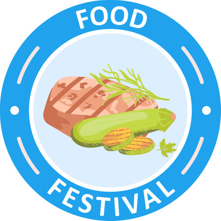 Grilled meat vegetables plate. Food festival logo steak, zucchini grill marks. Culinary event promotion vector illustrationのイラスト素材