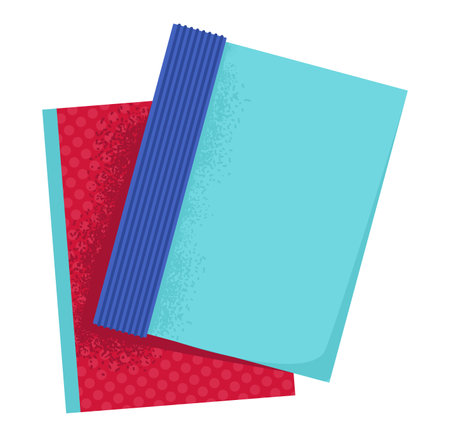 Assorted colored textured papers stacked. Red blue scrapbook sheets. Craft, art, stationery vector illustrationのイラスト素材
