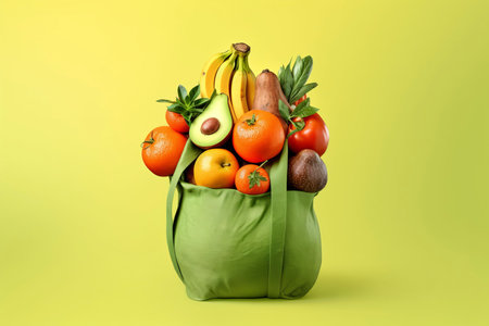 Shopping bag full of fresh fruits and vegetables, on color backgroundの素材
