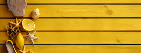 Top view of yellow wooden background with copy space for summer vacation conceptの素材
