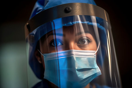 Close-up portrait of a nurse in protective suit and mask.の素材