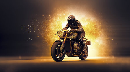 Motorcycle rider in helmet and leather jacket riding a motorcycle. Mixed mediaの素材