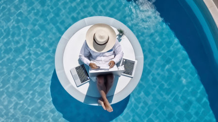 Man working on laptop by the swimming pool. Top view of male freelancer in hat and summer clothes using laptop while sitting on the edge of the poolの素材