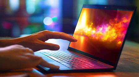 Hands typing on a laptop computer in a cafe with a fire in the backgroundの素材