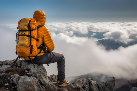 Hiker sitting on top of a mountain and looking at the clouds. Generative AIの素材