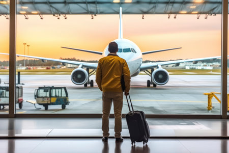 Back view of man with luggage standing in airport terminal and looking at airplane - Generative AIの素材
