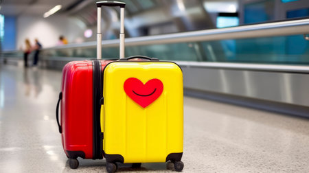 Red and yellow hard case with a smiling red heart in a departure lounge. Generative AIの素材