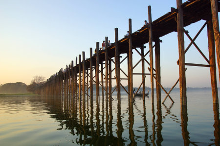 U bein bridge at sunset in Amarapura near Mandalay, Myanmar (Burma)の写真素材