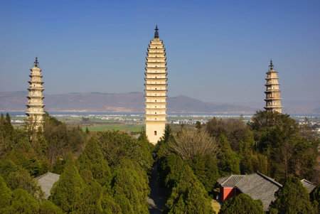 Three buddhist pagodas in Dali city, Yunnan province, Chinaの写真素材