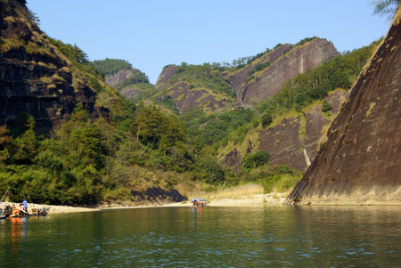 Bamboo rafting in Wuyishan mountains in Chinaの写真素材
