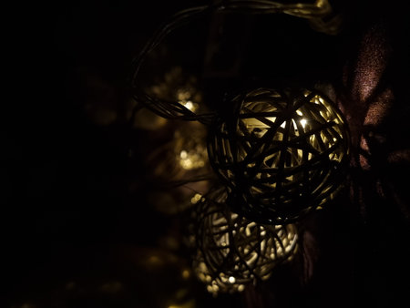 Christmas lights in the shape of a ball on a dark background.