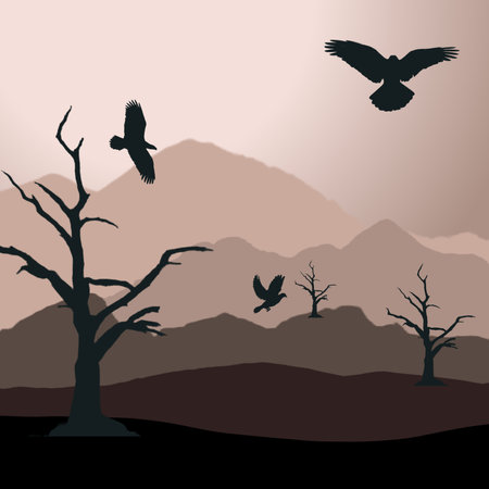 Silhouette of trees and birds on a background of mountains.の写真素材