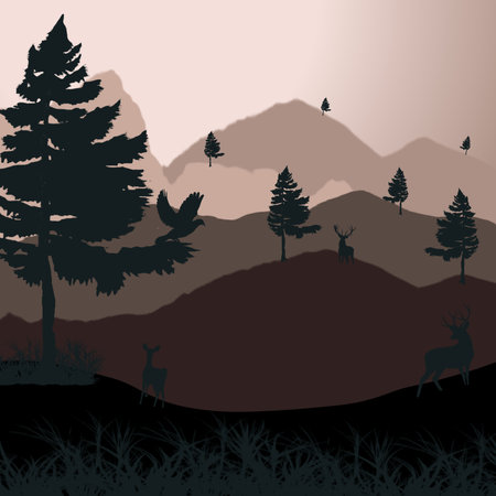 Silhouette of deer in the forest with mountains and trees backgroundの写真素材