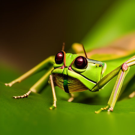 Green grasshopper on a green leaf. Macro photography of nature.の写真素材