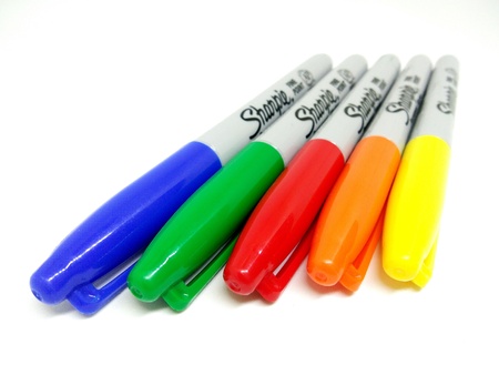 A set of colourful marker pen on isolated white background. Variety colour of marker pen that used to draw on presentation paper.のeditorial素材