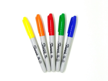 A set of colourful marker pen on isolated white background. Variety colour of marker pen that used to draw on presentation paper.のeditorial素材