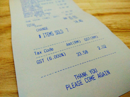 Purchase receipt with 6 percent of Good and Services Tax. GST also known as VAT in many countries.の写真素材