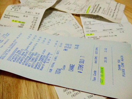 Purchase receipt with 6 percent of Good and Services Tax. GST also known as VAT in many countries.のeditorial素材