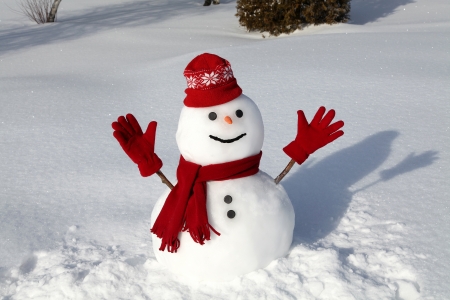 Snowman in red on a cold winter morning.の写真素材