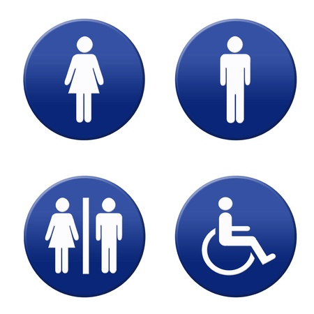 Round blue and white restroom signsの写真素材