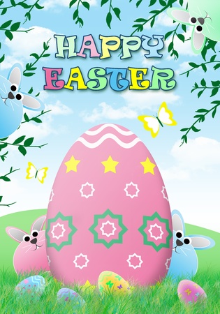 Easter chubby bunnies hiding behind a giant easter eggの写真素材
