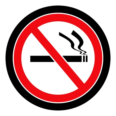 Black and red circular no smoking sign with black border on white backgroundの写真素材