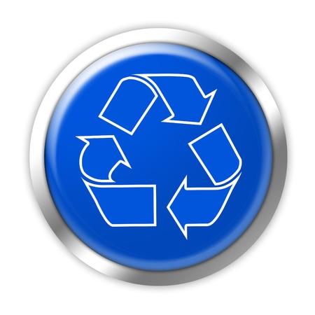 Blue and white recycling button on a white background.の写真素材