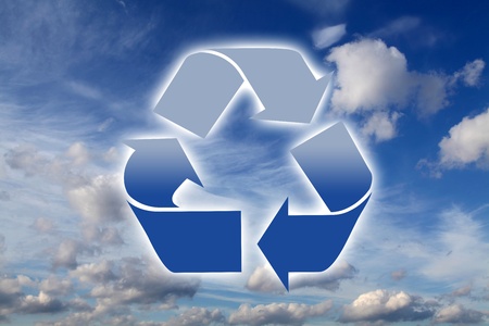 Gradient blue recycling logo on a sky backgroundの写真素材