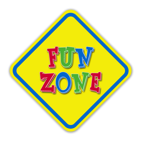 Yellow fun zone road sign against a white background の写真素材