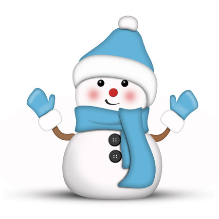 Amusing snowman dressed in blue against a white backgroundの写真素材