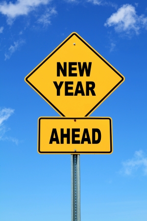 Yellow road sign New year aheadの写真素材