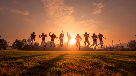 Group of american football players jumping and running on the field during sunsetの素材