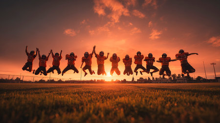 American football players jumping on the field during sunset. Sport concept.の素材