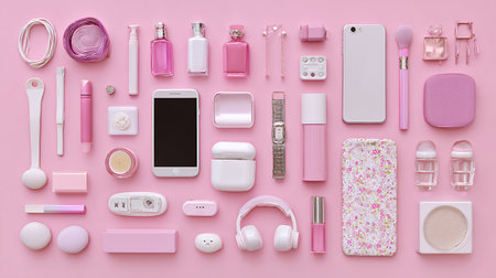 Flat lay of feminine accessories and mobile phone on pink background.の素材
