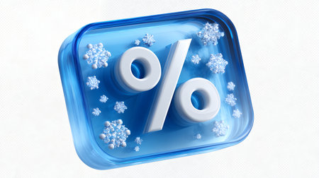 3d render of percentage symbol in blue cube with snowflakesの素材