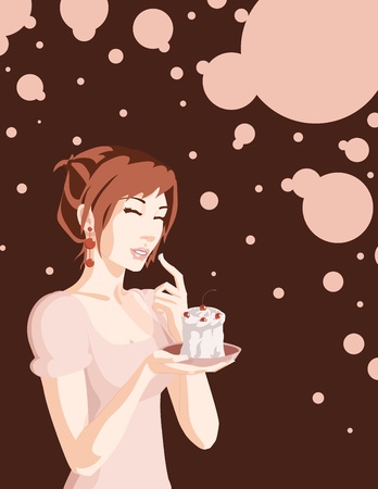 The girl holds a plate with a cake. Vector illustration.のイラスト素材