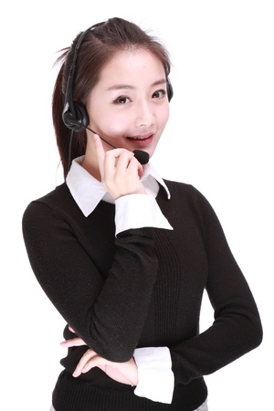 Businesswoman talking on headsetの写真素材