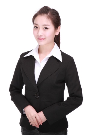 Showing businesswoman isolated on whiteの写真素材