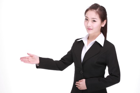 Showing businesswoman isolated on whiteの写真素材