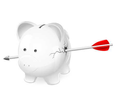 Broken piggy bank shot by arrow. A cute illustration of a white pig coin bank broken, shattered, and shot through by an arrow. For money problems, finance, recession, economic depression concepts.のイラスト素材