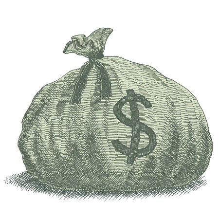 Money Bag Illustration. Old-style vintage drawing of a sack of money with dollar sign.のイラスト素材