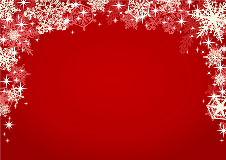 Snowflakes and Sparkling Glitters in Red Background. Christmas winter background framed with many different ornate and intricate falling snowflakes.