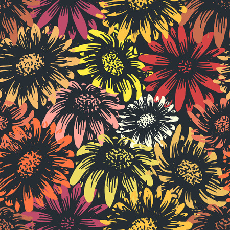 Vintage daisy and sunflower flower print. Retro style spring gerbera floral textile pattern. Tiles seamlessly. Change colors easily!のイラスト素材